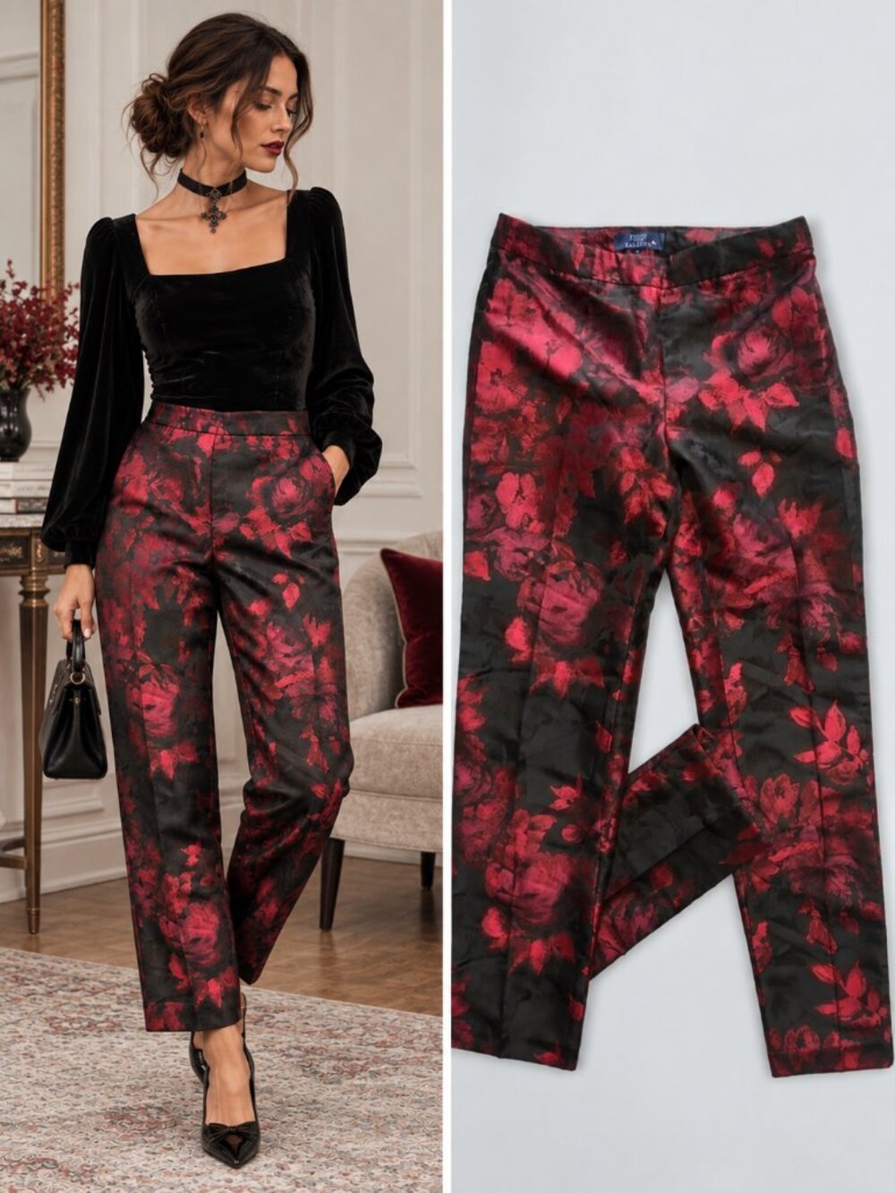 Talbots Red Black Floral Satin Tailored Trousers Whimsigoth Holiday Statement 6
